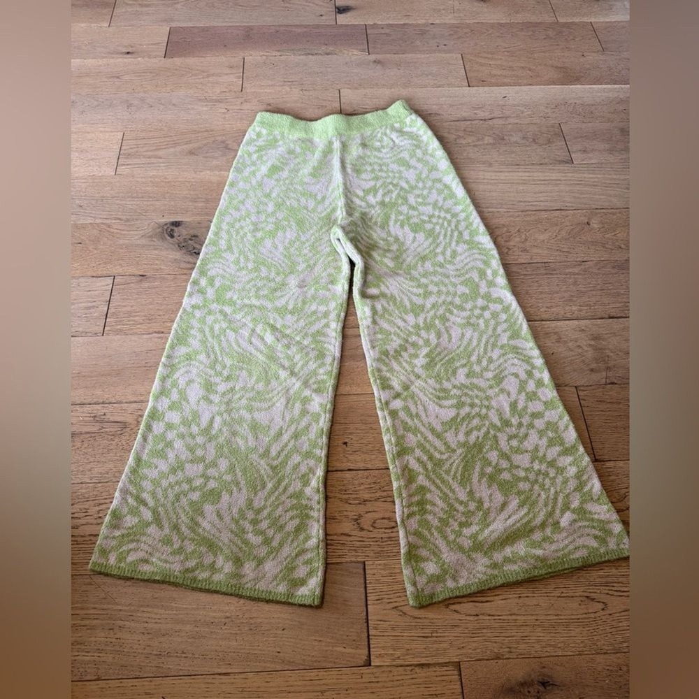 For Love & Lemons Lime Green Swirl Knit Wide Leg Pants XL High Rise  (1011)‎